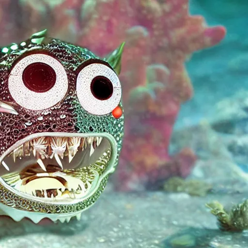 Image similar to A diamond encrusted killer fish with jeweled teeth, very scary