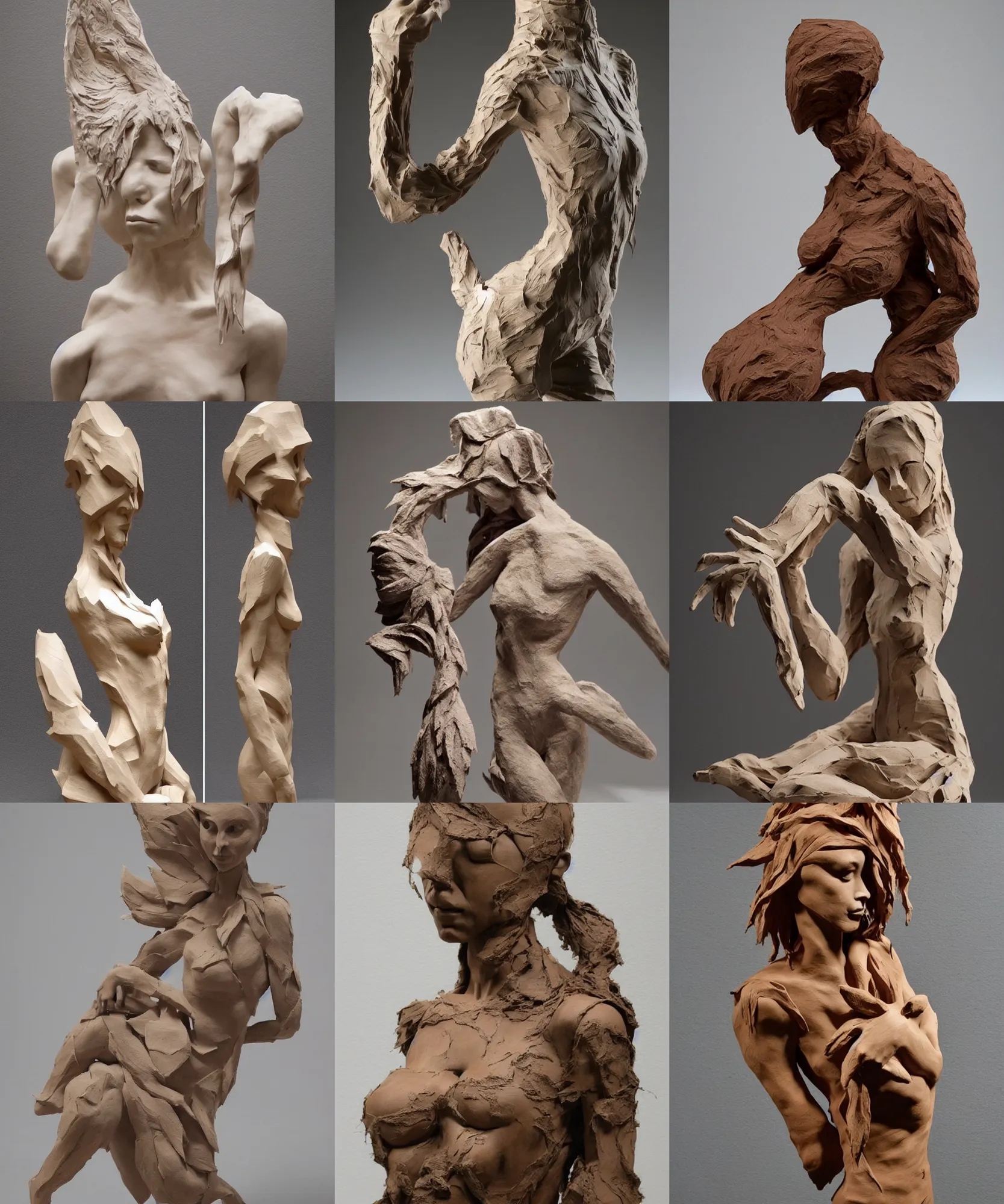 Image similar to wooden craft. rough clay. contemporary sculpture. female figure. low details. beth cavener.