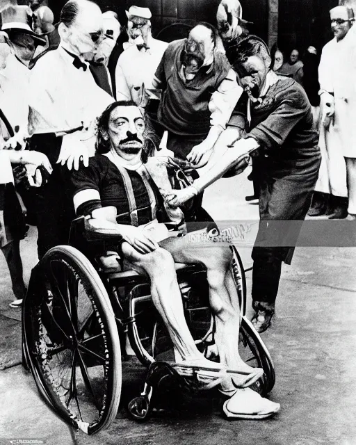 Image similar to Salvador Dali in a wheelchair with a broken leg, his arm in a cast and a black eye being pushed by an orderly who is wearing a T-Shit that says Stable Diffusion Rocks, Photorealistic