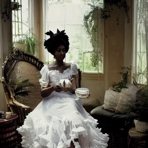 Image similar to fantasy, glow, shimmer, beautiful black victorian woman in a long white frilly lace dress and a large white hat, cow hoof feet, having tea in a sunroom