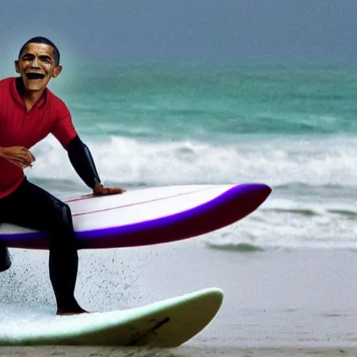 Prompt: surfing barack obama as mr. bean as the joker from batman, surfing still from batman vs bean at the beach, 2 0 2 0