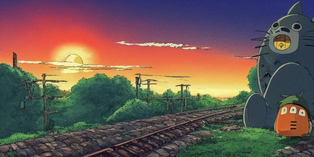 Image similar to a sunset railroad environment in the studio ghibli style, ghibli, my neighbor totoro, spirited away, castle in the sky