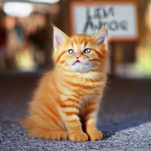 Image similar to cute fluffy orange tabby kitten with a sign that says