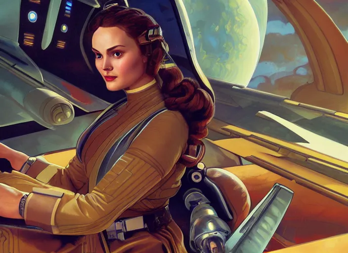 Prompt: highly detailed illustration of padme amidala piloting a naboo starfighter, cockpit, sharp shapes, soft brush strokes, waxy skin, alphonso mucha, risque, pronounced contours, harsh lighting, masterpiece, artstation