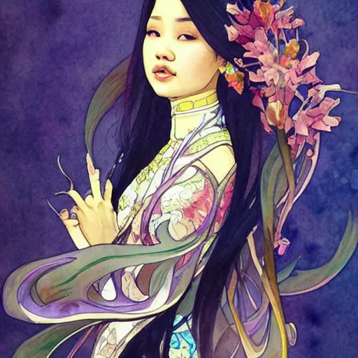 Prompt: Watercolor painting style, beautiful Thai girl by kittichai rueangchaichan, floralpunk, Artstation, art nouveau aesthetic, Alphonse Mucha background, intricate details, photo realistic, dramatic