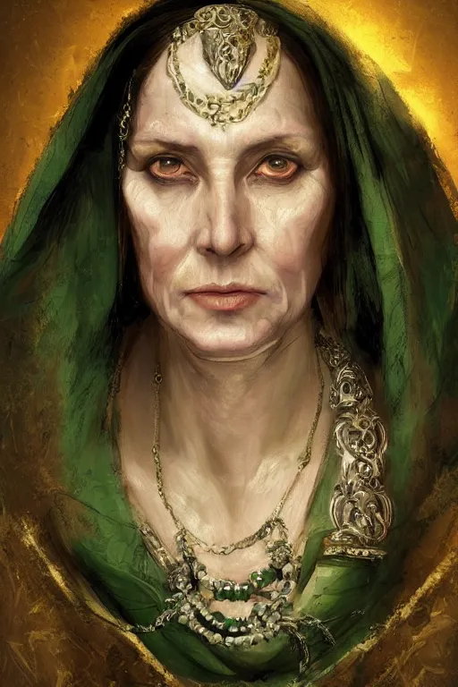 Image similar to portrait, headshot, digital painting, of a 17th century, beautiful, middle aged, middle eastern, wrinkles, decadent, cyborg noble woman, dark hair, amber jewels, baroque, ornate dark green opulent clothing, scifi, futuristic, realistic, hyperdetailed, concept art, chiaroscuro, side lighting, art by waterhouse