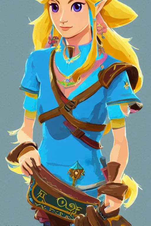 Prompt: an in game portrait of princess peach from the legend of zelda breath of the wild, breath of the wild art style.