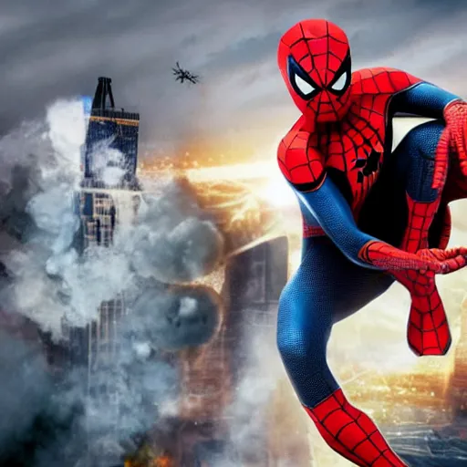 Image similar to spider - man during the hindenburg disaster, 4 k realistic photo