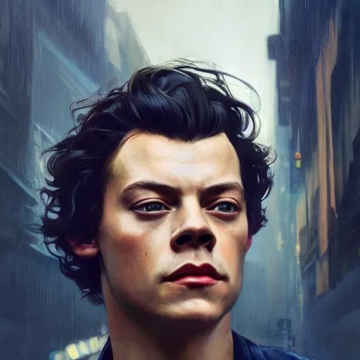 Prompt: harry styles, hyperrealistic portrait, bladerunner street, art of elysium by jeremy mann and alphonse mucha, fantasy art, photo realistic, dynamic lighting, artstation, poster, volumetric lighting, very detailed face, 4 k, award winning