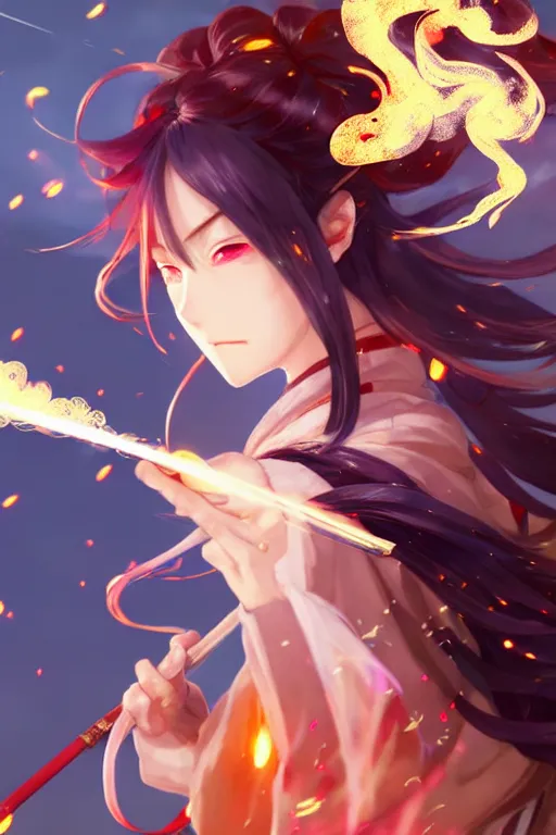Prompt: beautiful attrative face girl kimono gunslinger with fire sparkling and smoke around her, light flowing hair, anime key visual, absurdly beautiful, highly detailed, sharp focus, concept art, granblue fantasy, anime by serafleur / d pin / rongzhen luo / mingdosa / ruan jia / gemi ningen