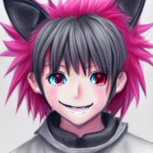 Prompt: a highly detailed portrait drawing of a cute anime teen boy with pink hair and pink wolf ears, smiling, collar, artstation, fantasy