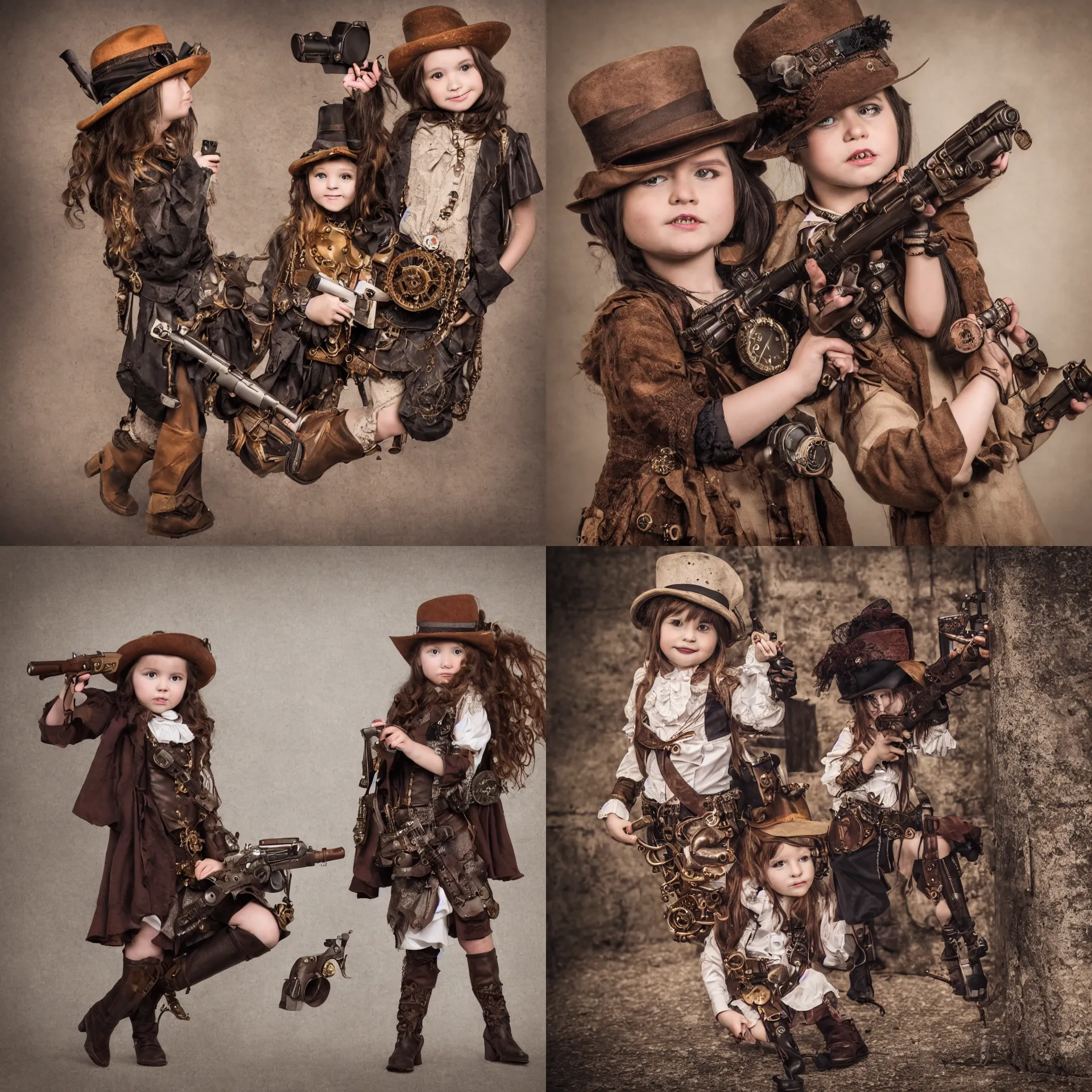 Prompt: a little girl in steampunk outfit with a gun, wearing brown boots and a hat, hyper detailed, 4k, photo taken by a nikon