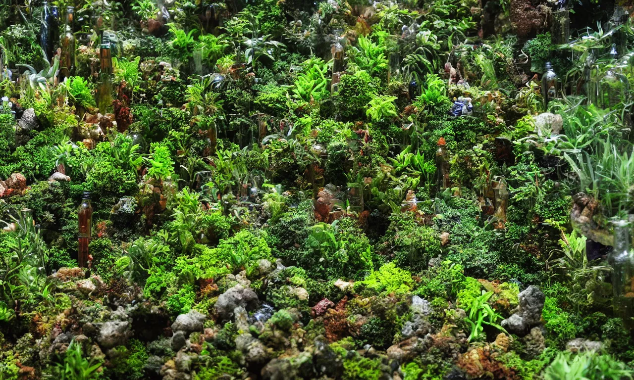 Image similar to terrarium worlds made of lush rainforests in mccartney bottles 8 k /