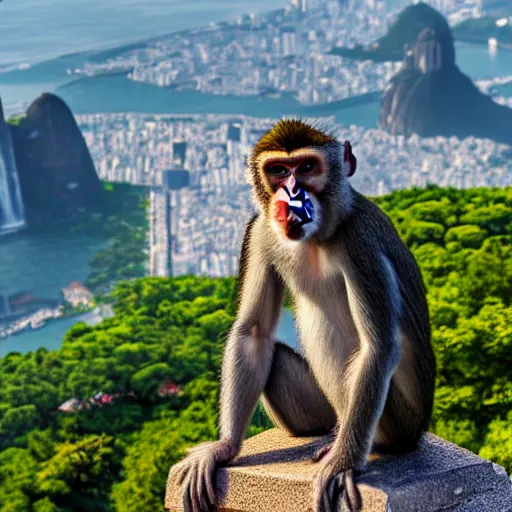 Image similar to high quality portrait of a monkey in front of Christ The Redeemer, studio photograph, photograph, realistic photo, 8k photo, 4k photo, stock photo, high resolution, cinematic shot, high detail