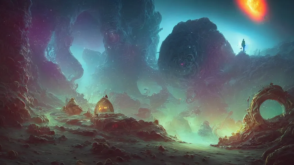 Image similar to Astronauts have a treasure with them, they take over the giant Cthulhu, they are over the ring of the gas planet, this is an extravagant planet with wacky wildlife and some mythical animals, the background is full of nebulas and planets, the ambient is vivid and colorful with a terrifying atmosphere, by Jordan Grimmer digital art, trending on Artstation,