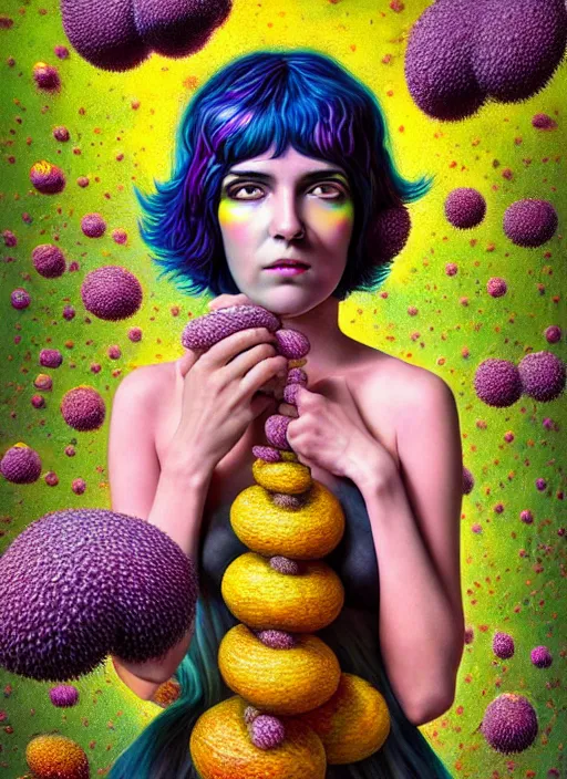 Image similar to hyper detailed 3d render like a Oil painting - Ramona Flowers with black hair in thick mascara seen seriously Eating of the Strangling network of colorful yellowcake and aerochrome and milky Fruit and Her delicate Hands hold of gossamer polyp blossoms bring iridescent fungal flowers whose spores black the foolish stars by Jacek Yerka, Mariusz Lewandowski, Houdini algorithmic generative render, Abstract brush strokes, Masterpiece, Edward Hopper and James Gilleard, Zdzislaw Beksinski, Mark Ryden, Wolfgang Lettl, Dan Hiller, hints of Yayoi Kasuma, octane render, 8k