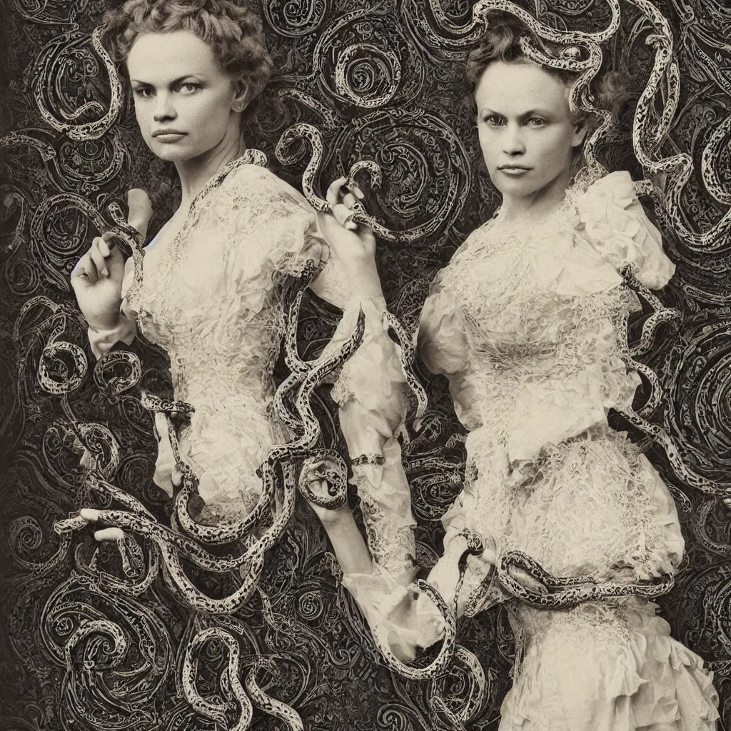 Prompt: a victorian age realistic photo of a woman like Pamela Anderson with intricate ornament snakes like hair, dagherrotype, wallpaper, hyper realistic, hyper detailed