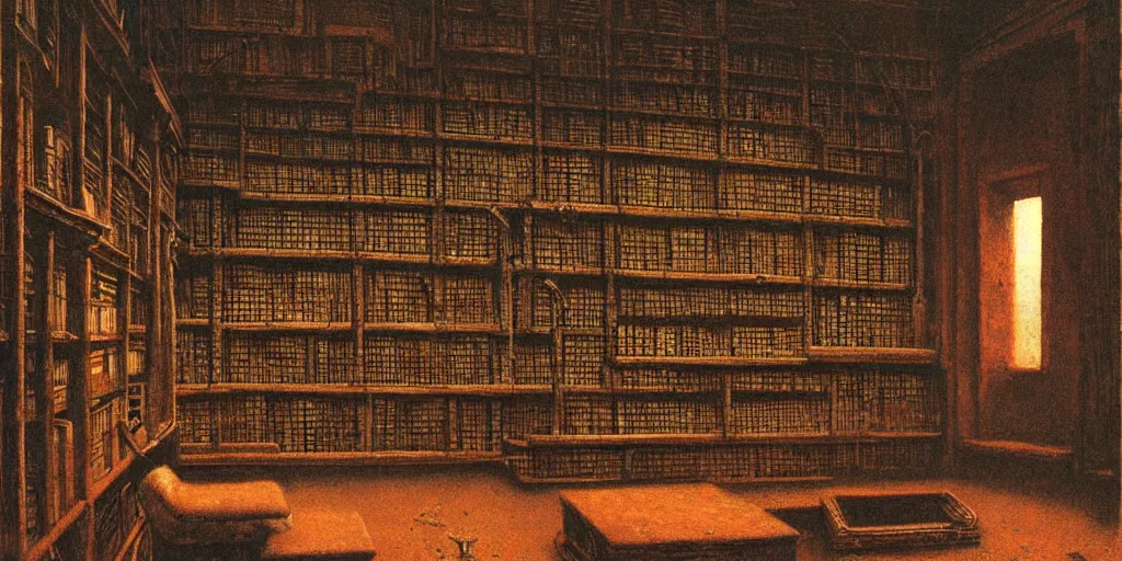 Prompt: ancient library by Beksinski, Luis Royo