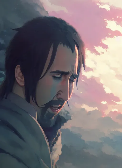 Image similar to portrait of nicolas cage, cloudy sky background lush landscape illustration concept art anime key visual trending pixiv fanbox by wlop and greg rutkowski and makoto shinkai and studio ghibli