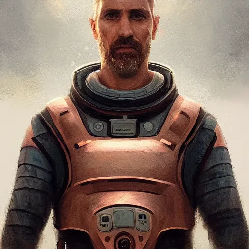 Image similar to Portrait of a man by Greg Rutkowski, he is about 40 years old, copper short hair, his features are a mix between Turkish and Scottish, strong and tall, cool dad vibes, he is wearing a futuristic astronaut suit, highly detailed portrait, digital painting, artstation, concept art, smooth, sharp foccus ilustration, Artstation HQ.