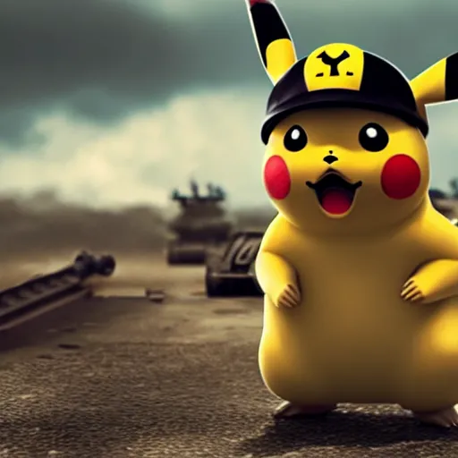 Prompt: pikachu in ww 2 uniform and a mustache, fighting in world war 2, photorealistic, high detail, sharp focus, smooth edges, dramatic, sky on fire with dogfights in the sky.