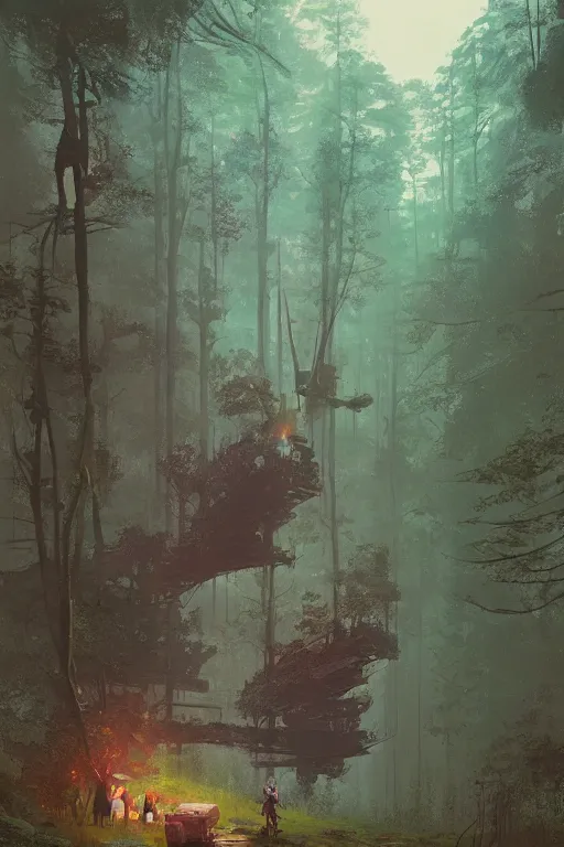 Prompt: in the great forest byBeeple, grimshaw, thomas cole, ismail inceoglu, winslow homer, greg rutkowski, gerald brom, marc simonetti, simon stalenhag, anton fadeev, donglu yu