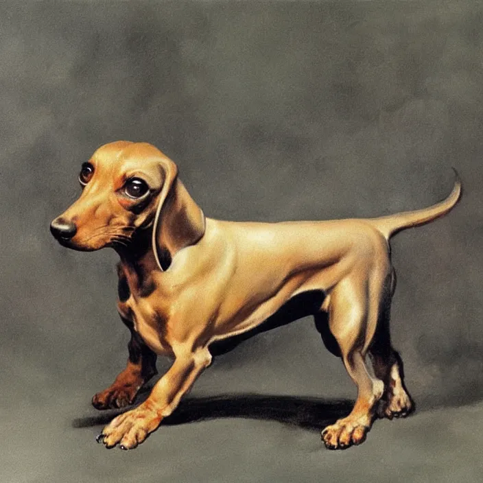 Prompt: dachshund, painted by frank frazetta