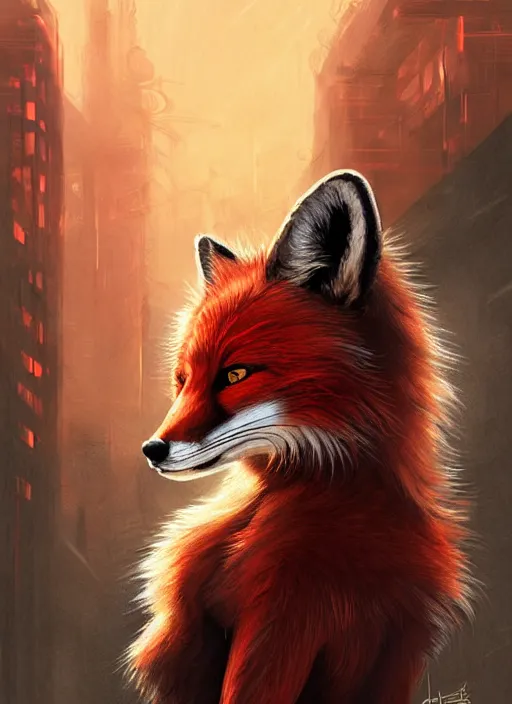 Prompt: aesthetic portrait commission of a of a female fully furry anthro ( red fox ) with a tail and a beautiful attractive hyperdetailed face wearing wearing a outfit in a sci - fi dystopian city at golden hour while it storms in the background. character design by dayer, diego 5, detailed, inked, western comic book art, award winning film poster painting, evocative