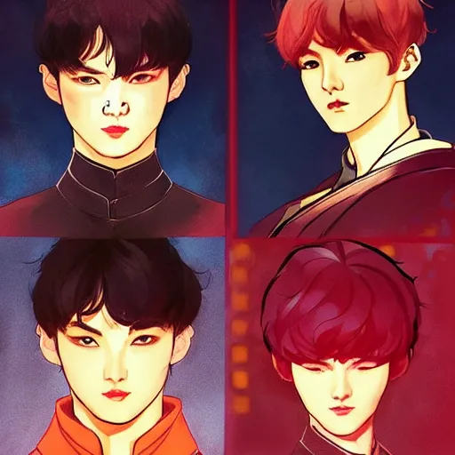 Image similar to MIN YOONGI is ZUKO, night time, dynamic lighting , looking at his FIRE SCAR reflection, +++ super super super dynamic posing, j.c. leyendecker, Valentina Remenar, thick eyebrows, super serious facial expression