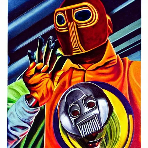 Image similar to beautiful lifelike painting of mf doom controlling all your world leaders with the power of magnetic waves, hyperreal detailed facial features and uv lighting, art by ed roth and basil wolverton