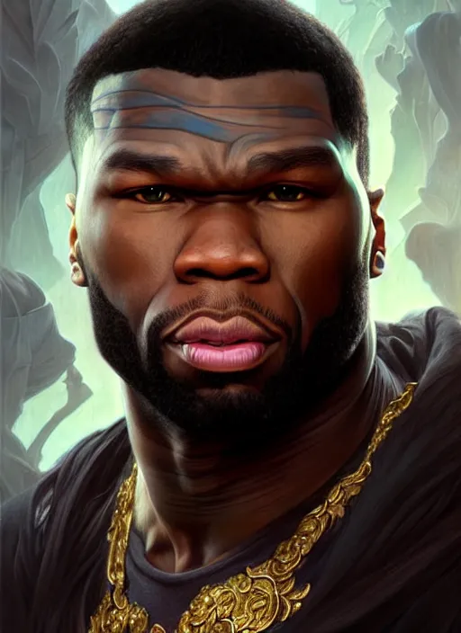 Image similar to Portrait of 50 cent, D&D, muscular, fantasy, intricate, elegant, highly detailed, digital painting, artstation, concept art, smooth, sharp focus, illustration, art by artgerm and greg rutkowski and alphonse mucha