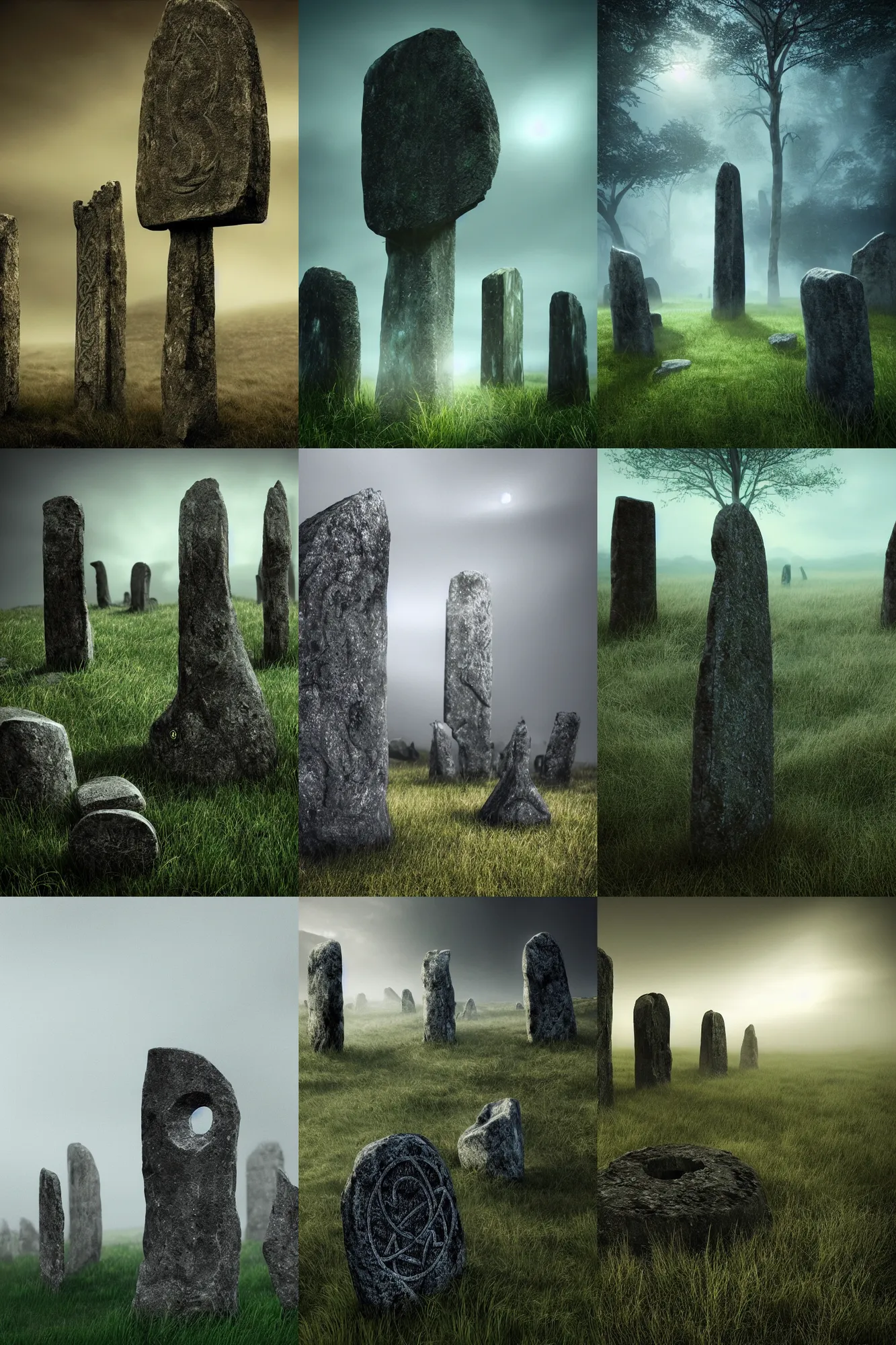 Prompt: !dream bioluminescent engraved celtic symbols on a ruined standing stones, grassy hill, foggy, intricate detailed, octane render, unreal engine, photography, natural light