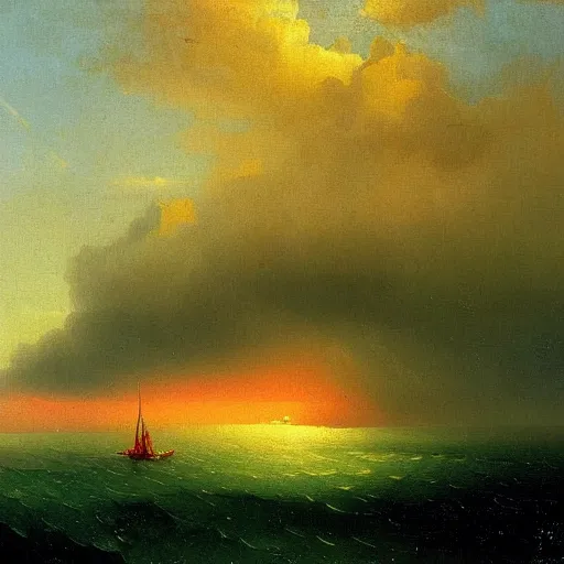 Prompt: red clouds and green ocean with sailboat painting by ivan aivazovsky