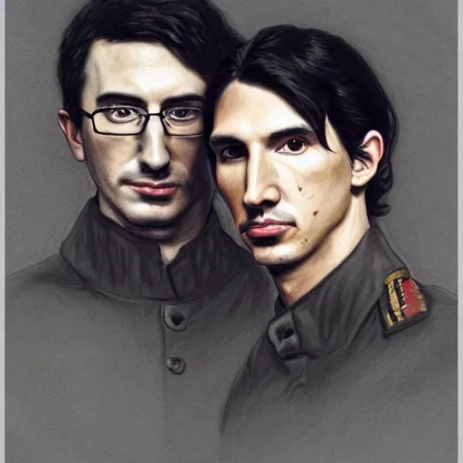 Image similar to portrait of a stoic looking john oliver and adam driver, full body, military uniform, fantasy, intricate, elegant, beautiful, highly detailed, charcoal, centered, dark, smokey, digital painting, artstation, concept art, smooth, sharp focus, illustration, art by artgerm and greg rutkowski and alphonse mucha