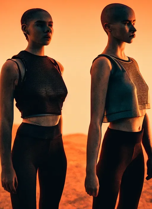 Image similar to cinestill 5 0 d photographic portrait of two loving female androids wearing rugged black mesh techwear crop top on a desolate plain with a red sky, extreme closeup, modern cyberpunk, dust storm, 8 k, hd, high resolution, 3 5 mm, f / 3 2, ultra realistic faces, ex machina, blade runner