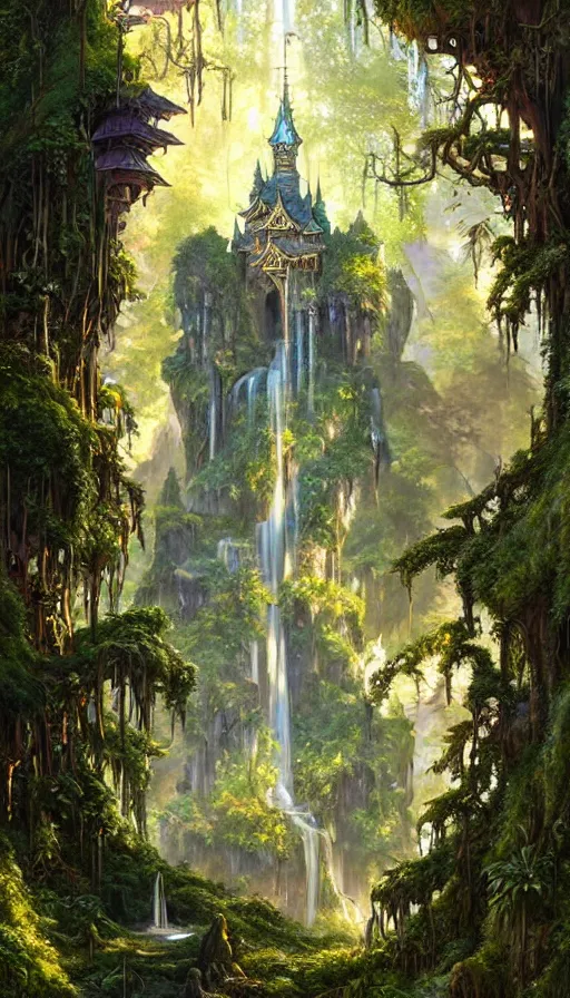 Image similar to fairy palace, castle towers, sunbeams, gothic towers, Japanese shrine waterfall, gold and gems, gnarly details, lush vegetation, forest landscape, painted by tom bagshaw, raphael lacoste, eddie mendoza, alex ross concept art matte painting