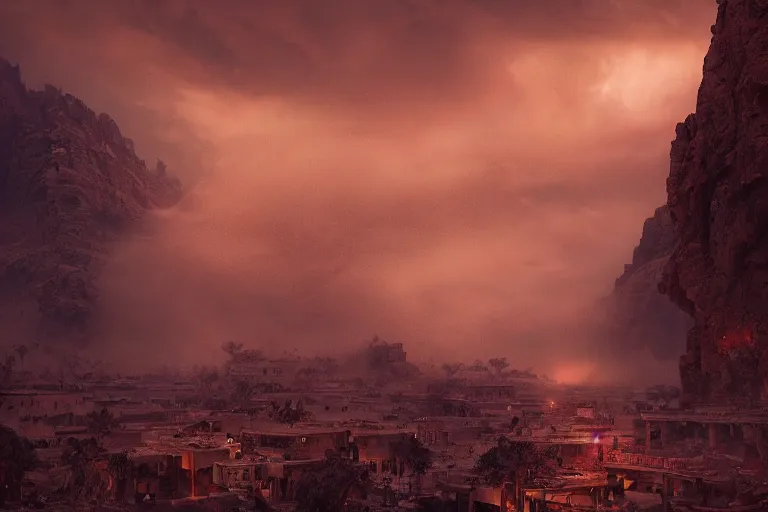 Prompt: ews shot of a beautiful sandstorm overthrowing a large municipality, shot by jimmy nelson and greg rutkowski, trending on artstation, artstation photorealism, cgsociety contest winner, photorealistic details, intricately defined, complexly detailed, reddishly dusty atmosphere, red lighting, 4 k