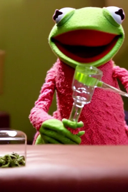 Image similar to candid photo of kermit the frog sitting on the couch hitting a bong, kermit the frog in ted ( 2 0 1 2 ) bong scene, kermit the frog using a bong, kermit smoking weed, bong rip, high resolution photo, trending on artstation, interior design,