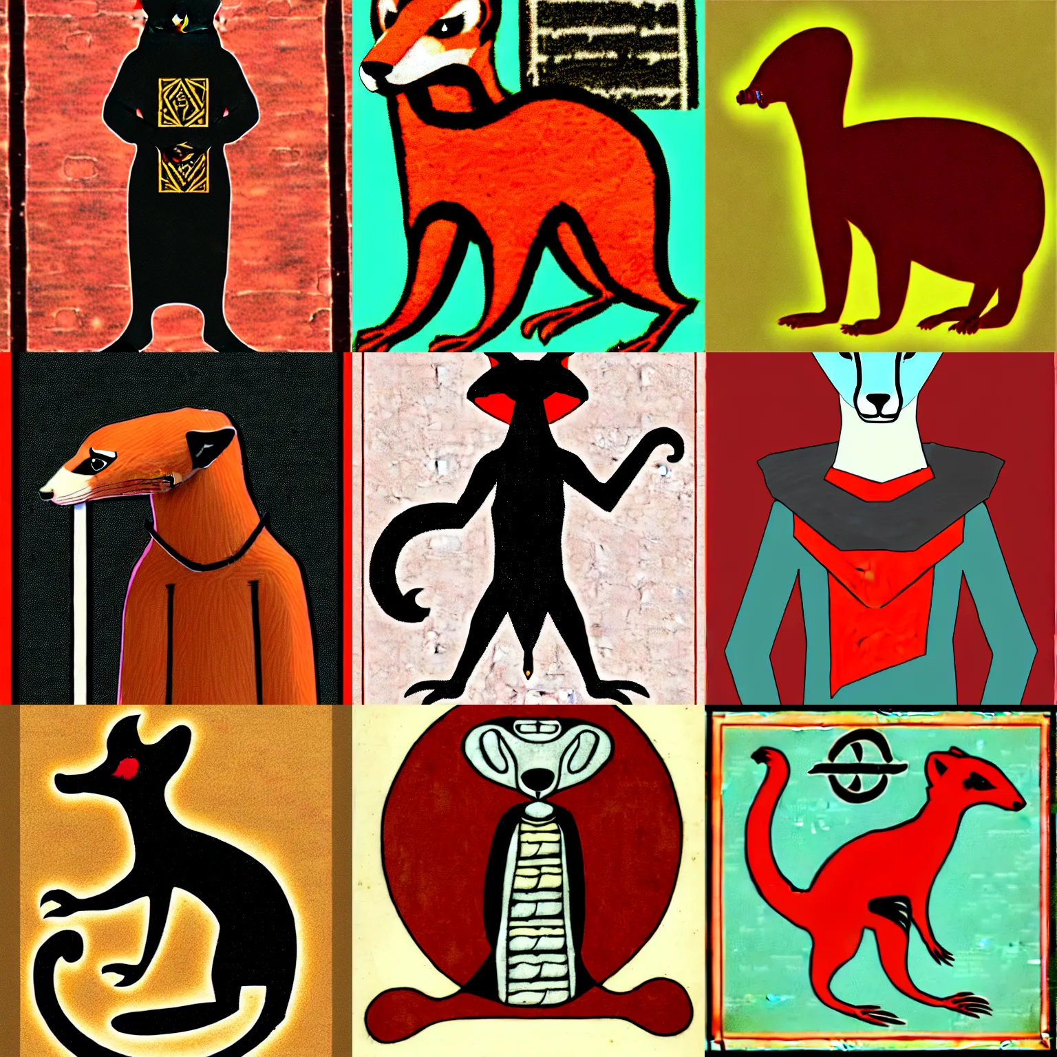 Prompt: my fursuit is clad in the esoteric gnostic script of the library of hammurabi but my fursona is a weasel ( a red - black stoat to be exact )