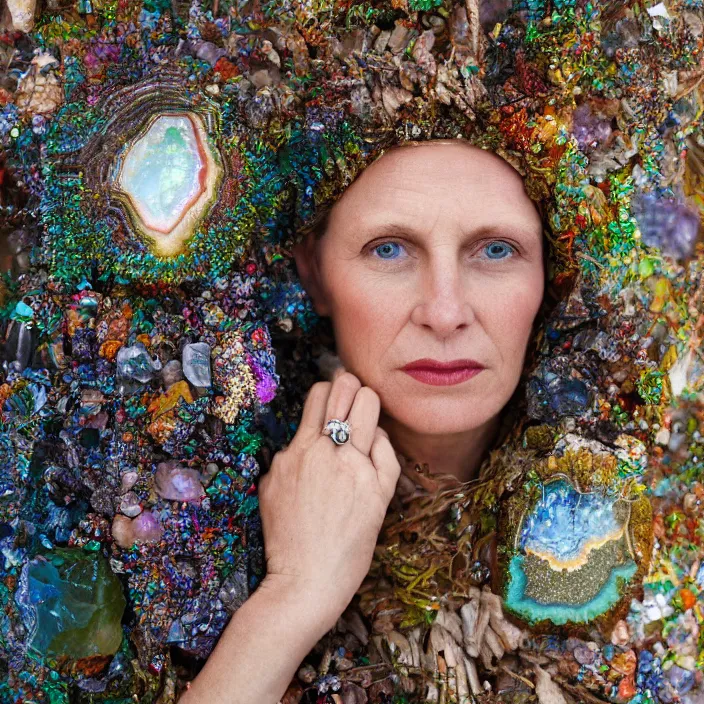 Prompt: closeup portrait of a woman wearing a cloak made of colorful geode crystals and wire, standing in a burnt forest, by Annie Leibovitz and Steve McCurry, natural light, detailed face, CANON Eos C300, ƒ1.8, 35mm, 8K, medium-format print