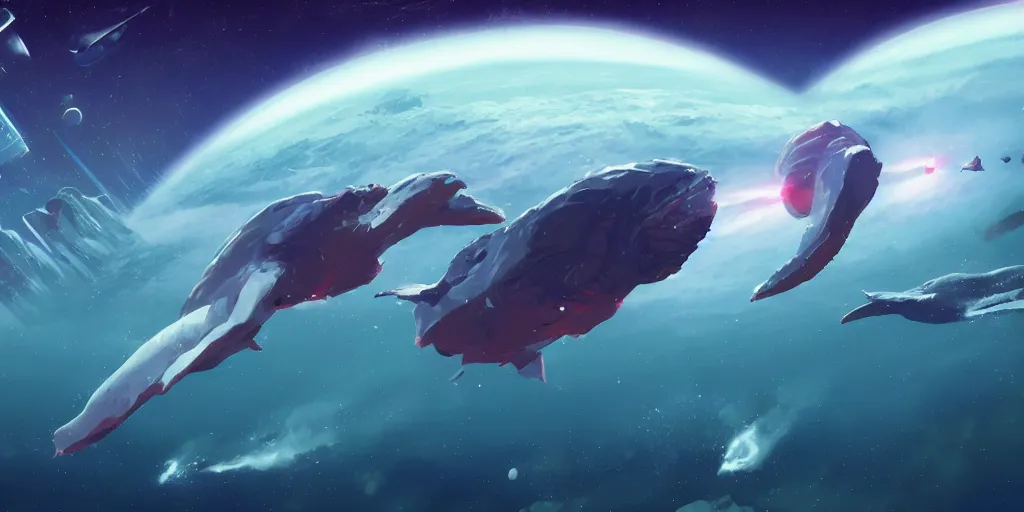 Prompt: no mans sky concept art of flying whale, space whale