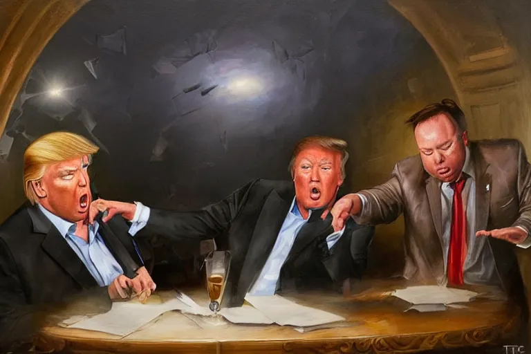 Image similar to portrait of donald trump and alex jones arguing, an oil painting by ross tran and thomas kincade