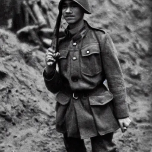 Image similar to Zendaya as a soldier, ww1 trench, war photo, film grain