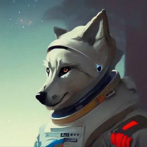 Image similar to A portrait of an anthropomorphic wolf in an astronaut suit by Vincent DiFate, Greg Rutkowski, cinematic 8k trending on artstation, anthro wolf astronaut