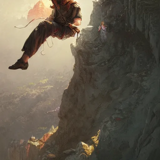 Image similar to angel protecting man falling from a cliff, detailed intricate ink illustration, happy atmosphere, detailed illustration, hd, 4k, digital art, overdetailed art, by greg rutkowski, by loish, complementing colors, Trending on artstation, movie poster style