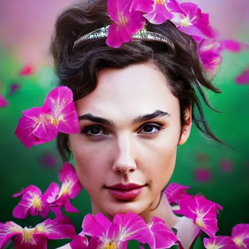 Prompt: fine art photo of the beauty gal gadot, she is posing while maintain a sweet eye contact to the camera, she has a crown of flowers, the photo was taken at sunset with a bokeh effect, by iris van herpen, photorealistic, matte painting, hyper realistic, 4 k, 8 k, cinematic composition, hd, highly detailed, trending on artstation