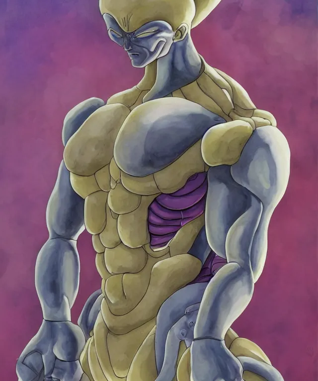 Image similar to a oil / watercolor painting full body character portrait of frieza as a machine mutant in the style of moebius in the style of leonard boyarsky trending on artstation deviantart pinterest detailed realistic hd 8 k high resolution