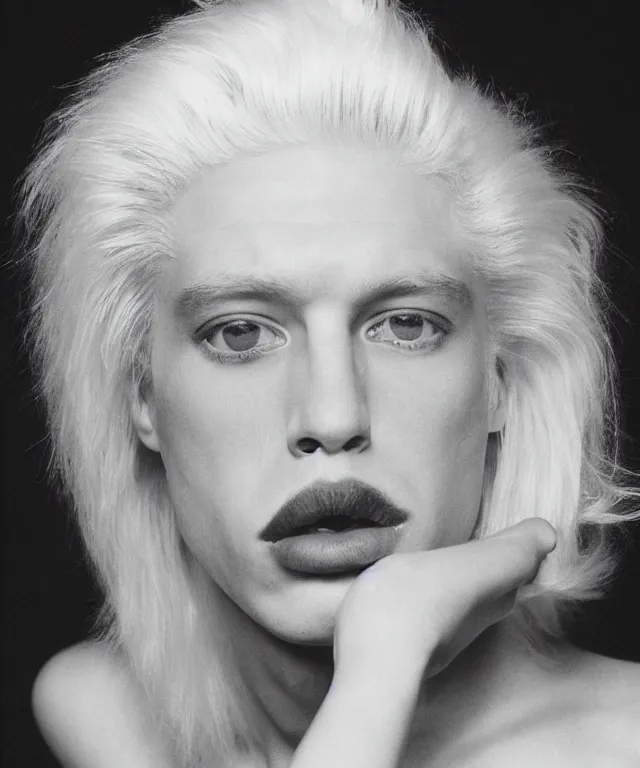 Image similar to a color photograph of a non binary model, platinum blonde, by robert mapplethorpe, intense, bold, hyperrealistic, ultra sharp, extra details, ultra high quality, trending on pinteresst