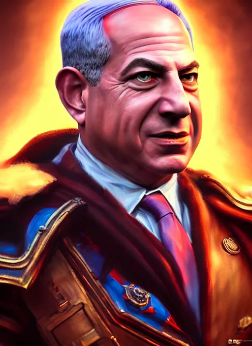 Image similar to A striking epic hyper real comic book style portait painting of Benjamin Netanyahu as a bard, D&D Concept Art, unreal 5, DAZ, Apex legends concept art, hyperrealistic, octane render, cosplay, RPG portrait, dynamic lighting