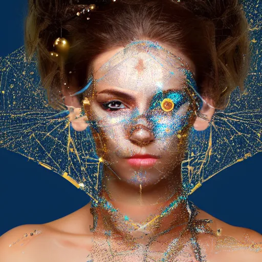 Prompt: portrait of a beautiful futuristic woman layered with high-tech jewelry wrapping around her face and head, golden-silver light with tiny blue, gold, and red gems scattered like dust, and a white lace background